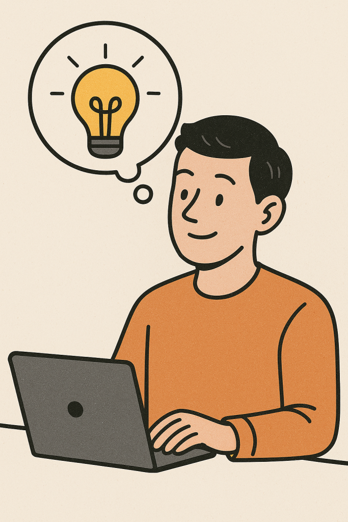 Ilustracja młodego mężczyzny pracującego na laptopie, nad którym unosi się żarówka symbolizująca pomysł podczas tworzenia treści do wizytówki Google Moja Firma.