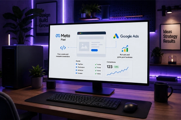 Integracja Meta Pixel i Google Ads na stronie internetowej firmy — analityka, remarketing i pomiar konwersji.