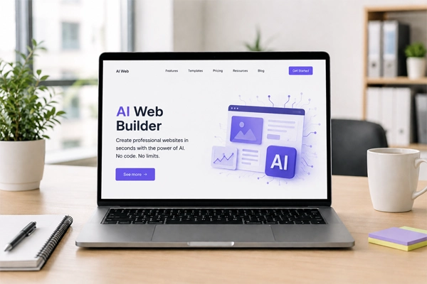 AI Web Builder na laptopie — nowoczesne projektowanie stron internetowych z AI.